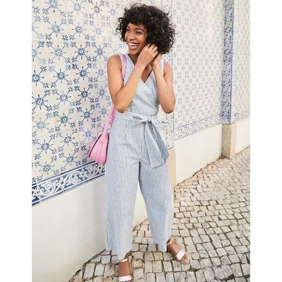 Boden Striped Linen Wide Leg Jumpsuit - 4 - Picture 1 of 15